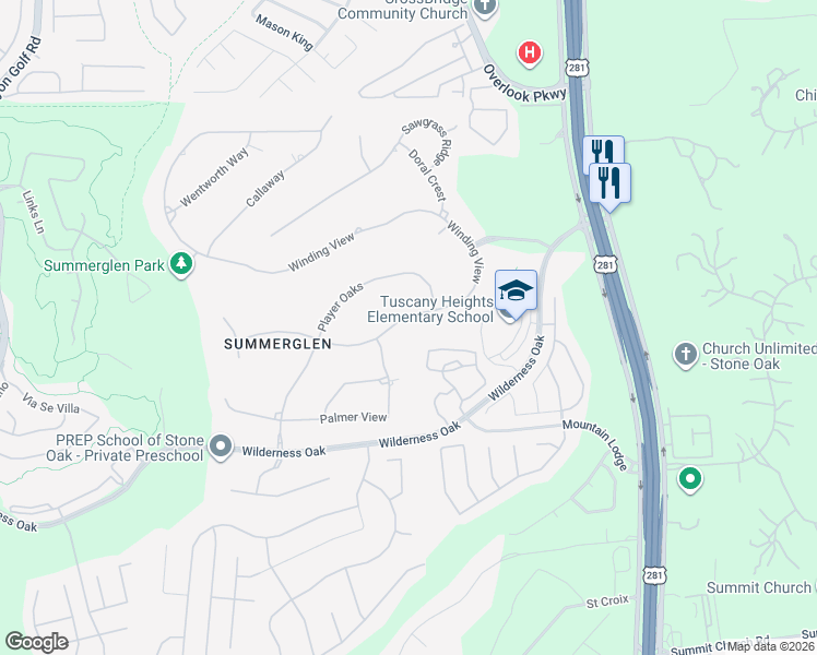 map of restaurants, bars, coffee shops, grocery stores, and more near 1812 Winding View in San Antonio