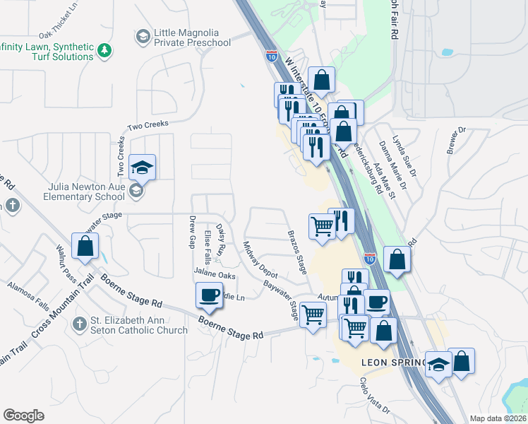 map of restaurants, bars, coffee shops, grocery stores, and more near 8219 Midway Depot in San Antonio