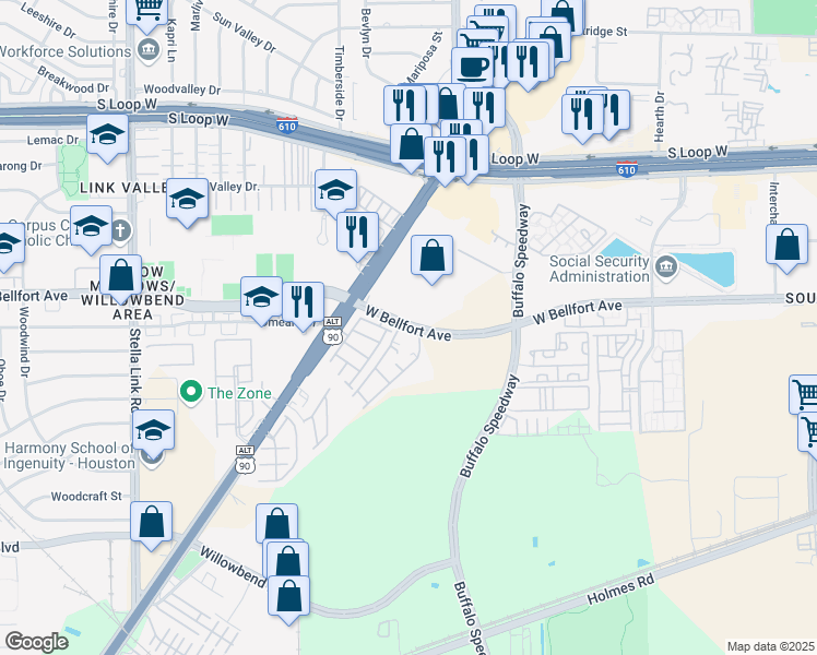 map of restaurants, bars, coffee shops, grocery stores, and more near 3146 West Bellfort Boulevard in Houston