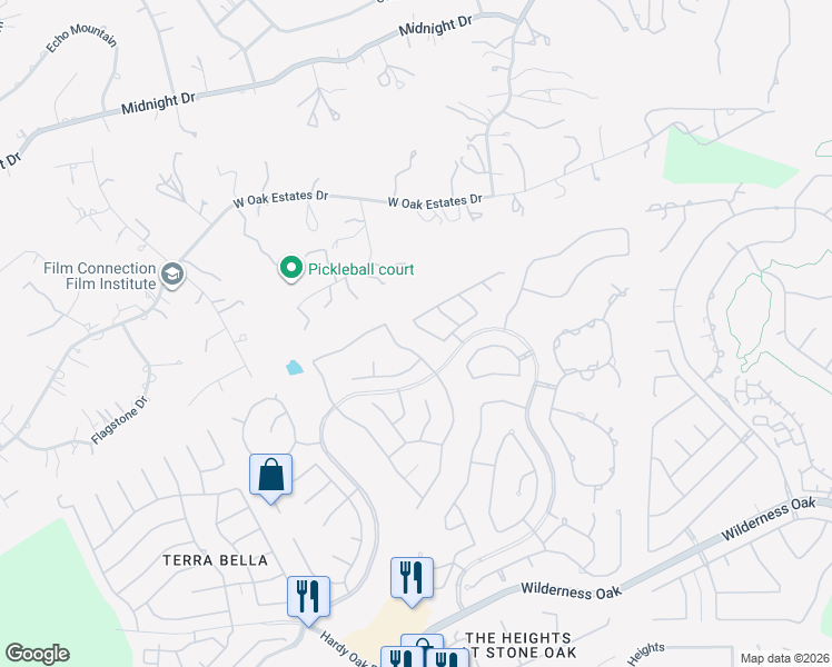 map of restaurants, bars, coffee shops, grocery stores, and more near 23635 Silver Creek in San Antonio