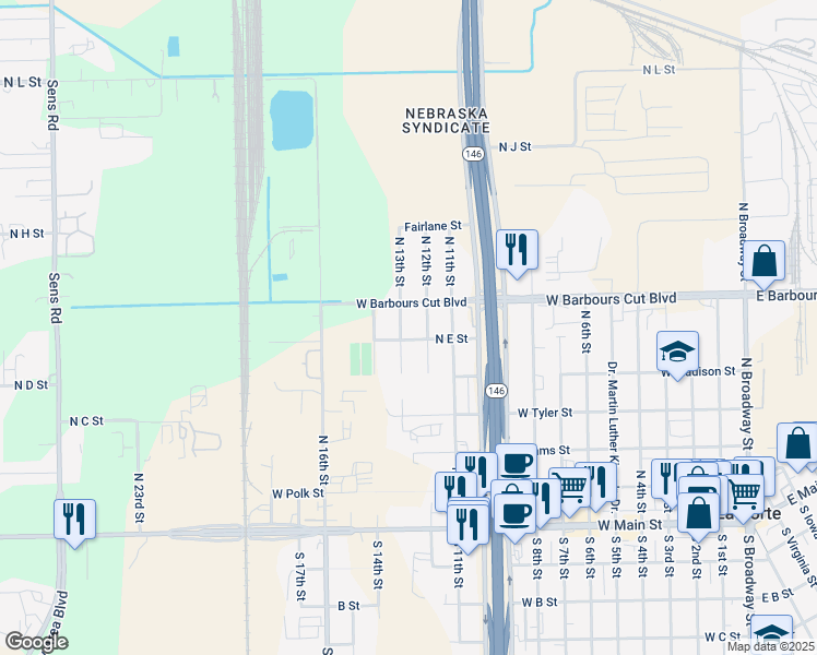 map of restaurants, bars, coffee shops, grocery stores, and more near 526 North 13th Street in La Porte