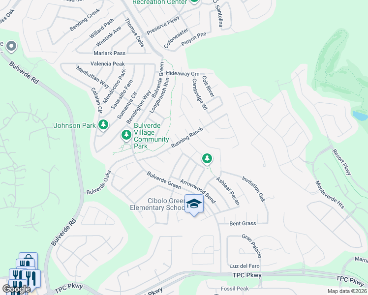 map of restaurants, bars, coffee shops, grocery stores, and more near 3719 Ponderosa Bend in San Antonio