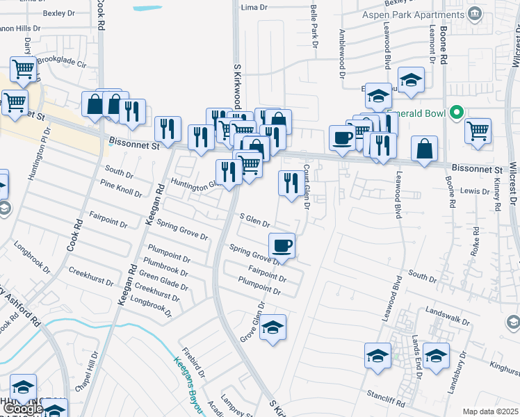 map of restaurants, bars, coffee shops, grocery stores, and more near 11810 South Glen Drive in Houston
