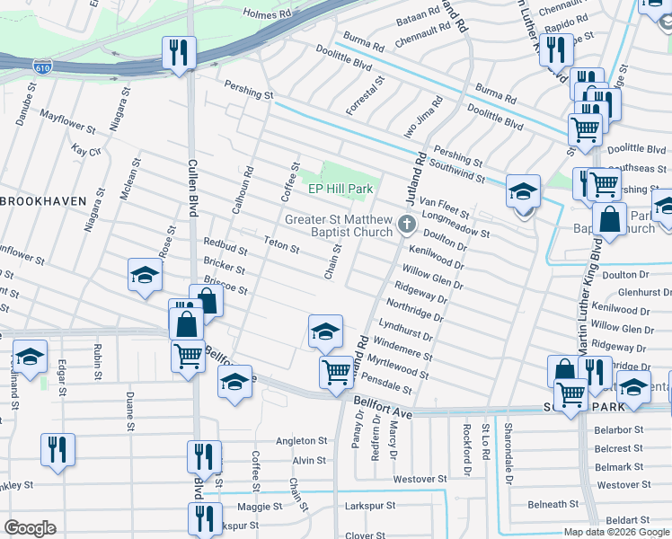 map of restaurants, bars, coffee shops, grocery stores, and more near 7918 Darnay Drive in Houston