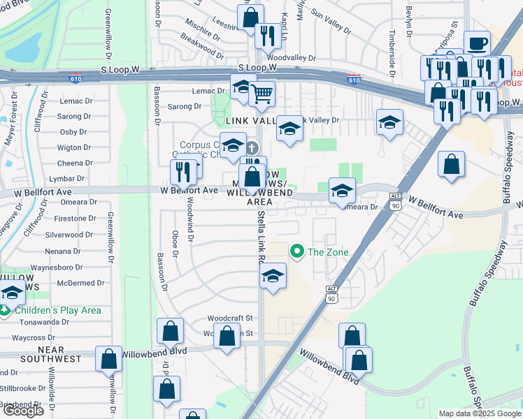 map of restaurants, bars, coffee shops, grocery stores, and more near 3999 Omeara Drive in Houston