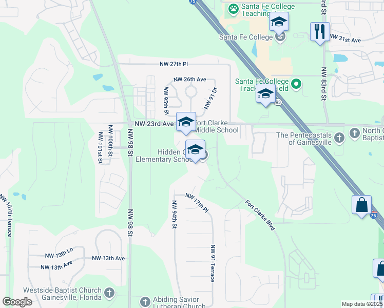 map of restaurants, bars, coffee shops, grocery stores, and more near 9301 Northwest 23 Avenue in Gainesville