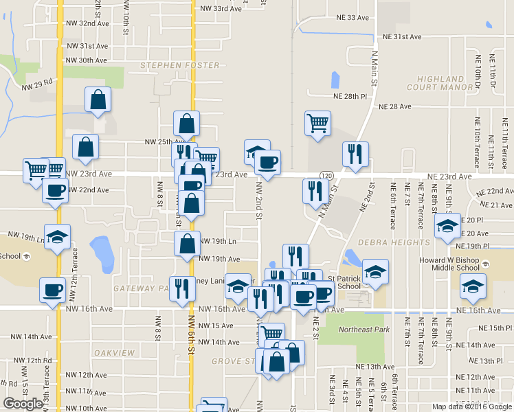 map of restaurants, bars, coffee shops, grocery stores, and more near 224 Northwest 20th Avenue in Gainesville