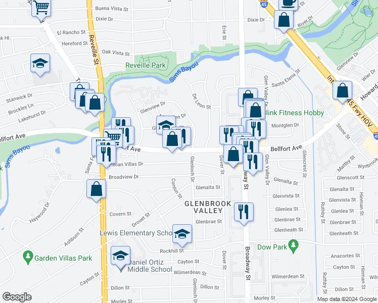 map of restaurants, bars, coffee shops, grocery stores, and more near 7857 Pecan Villas Drive in Houston