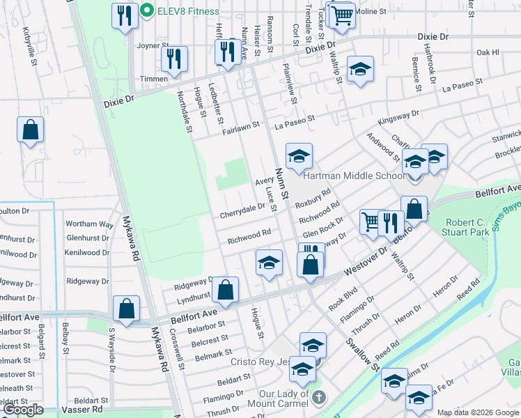 map of restaurants, bars, coffee shops, grocery stores, and more near 6622 Roxbury Road in Houston