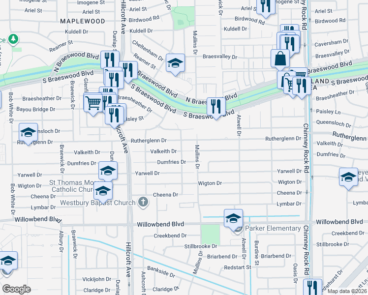 map of restaurants, bars, coffee shops, grocery stores, and more near 5710 Dumfries Drive in Houston