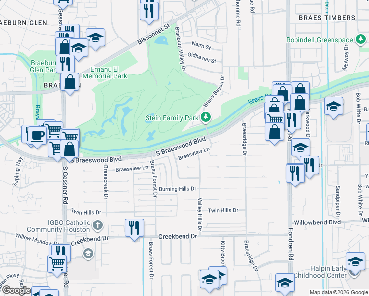 map of restaurants, bars, coffee shops, grocery stores, and more near 7907 Braesview Lane in Houston