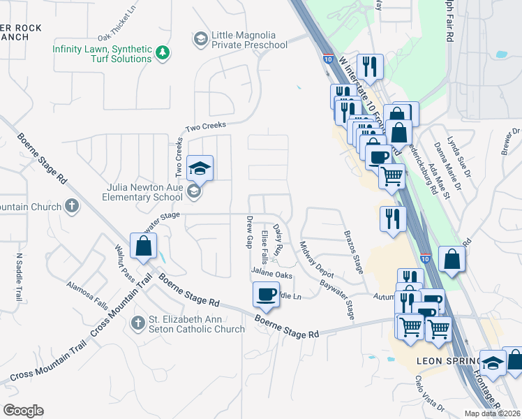 map of restaurants, bars, coffee shops, grocery stores, and more near 24803 Golden Trolley in San Antonio