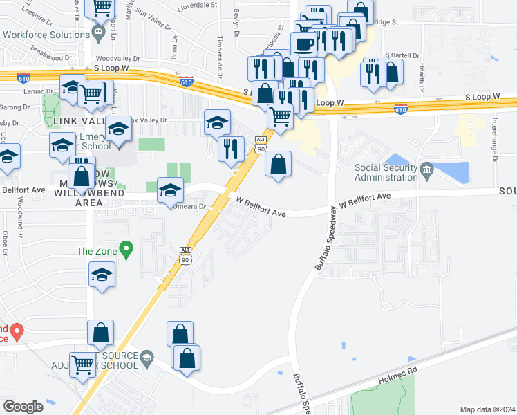 map of restaurants, bars, coffee shops, grocery stores, and more near 3127 West Bellfort Boulevard in Houston