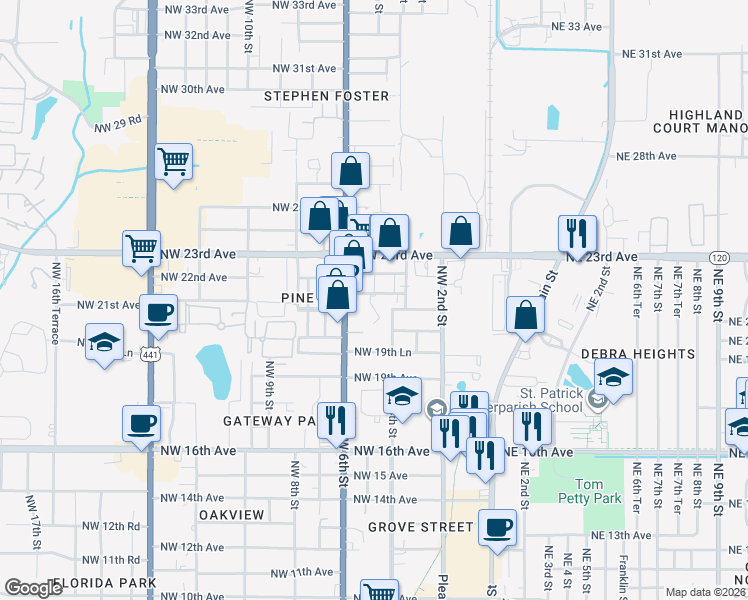 map of restaurants, bars, coffee shops, grocery stores, and more near 2014 Northwest 4th Street in Gainesville