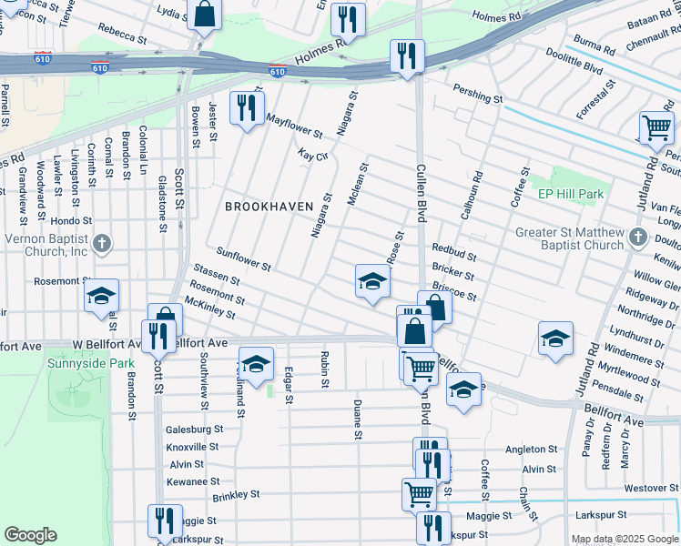 map of restaurants, bars, coffee shops, grocery stores, and more near 4531 Sunflower Street in Houston