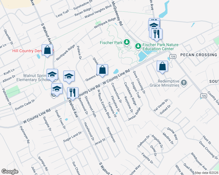 map of restaurants, bars, coffee shops, grocery stores, and more near 2010 Cornerstone Drive in New Braunfels