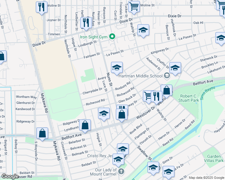 map of restaurants, bars, coffee shops, grocery stores, and more near 6701 Roxbury Road in Houston