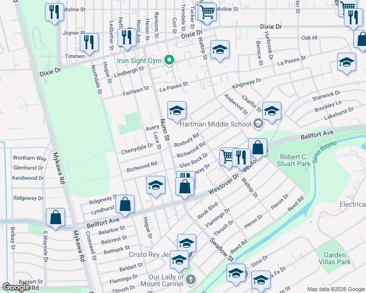 map of restaurants, bars, coffee shops, grocery stores, and more near 6701 Roxbury Road in Houston