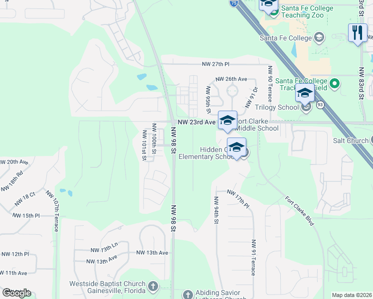 map of restaurants, bars, coffee shops, grocery stores, and more near Northwest 98th Street in Gainesville