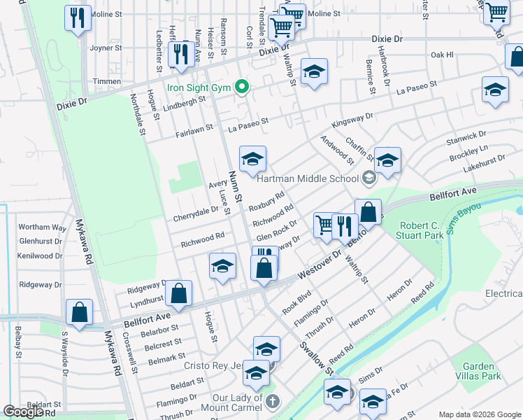 map of restaurants, bars, coffee shops, grocery stores, and more near 6701 Roxbury Road in Houston