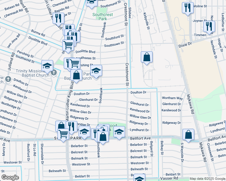 map of restaurants, bars, coffee shops, grocery stores, and more near 5926 Longmeadow Street in Houston
