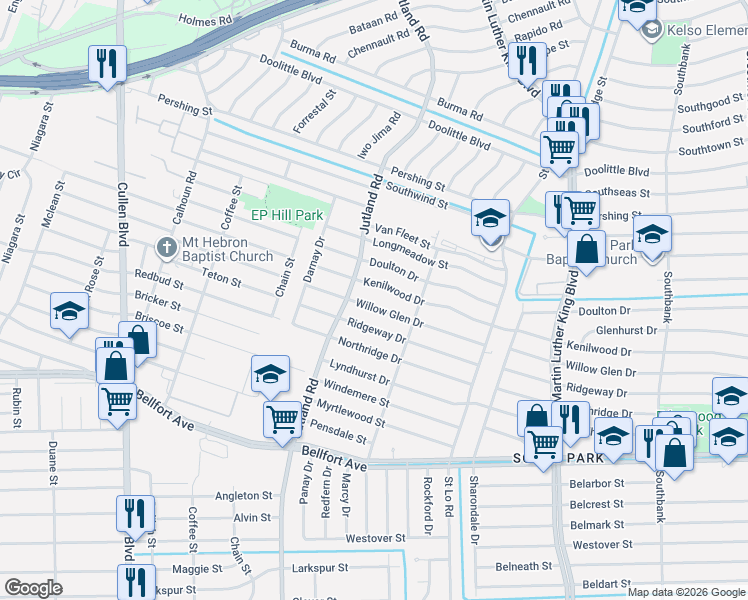 map of restaurants, bars, coffee shops, grocery stores, and more near 5125 Kenilwood Drive in Houston