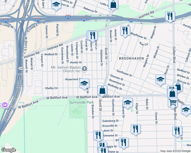 map of restaurants, bars, coffee shops, grocery stores, and more near 8207 Colonial Lane in Houston