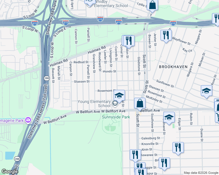 map of restaurants, bars, coffee shops, grocery stores, and more near 8202 Lawler Street in Houston