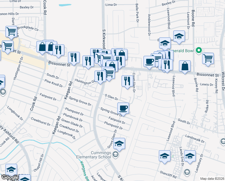 map of restaurants, bars, coffee shops, grocery stores, and more near 11810 South Glen Drive in Houston