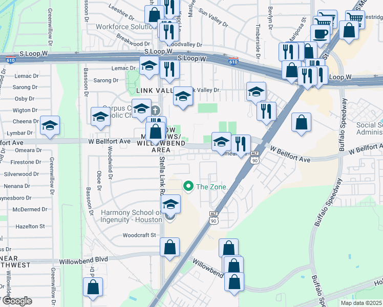 map of restaurants, bars, coffee shops, grocery stores, and more near 3896 Omeara Drive in Houston