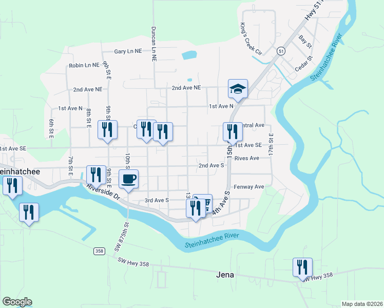 map of restaurants, bars, coffee shops, grocery stores, and more near 1303 2nd Avenue South in Steinhatchee