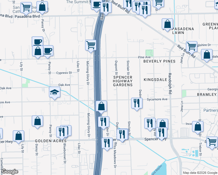 map of restaurants, bars, coffee shops, grocery stores, and more near 2622 Du Pont Street in Pasadena