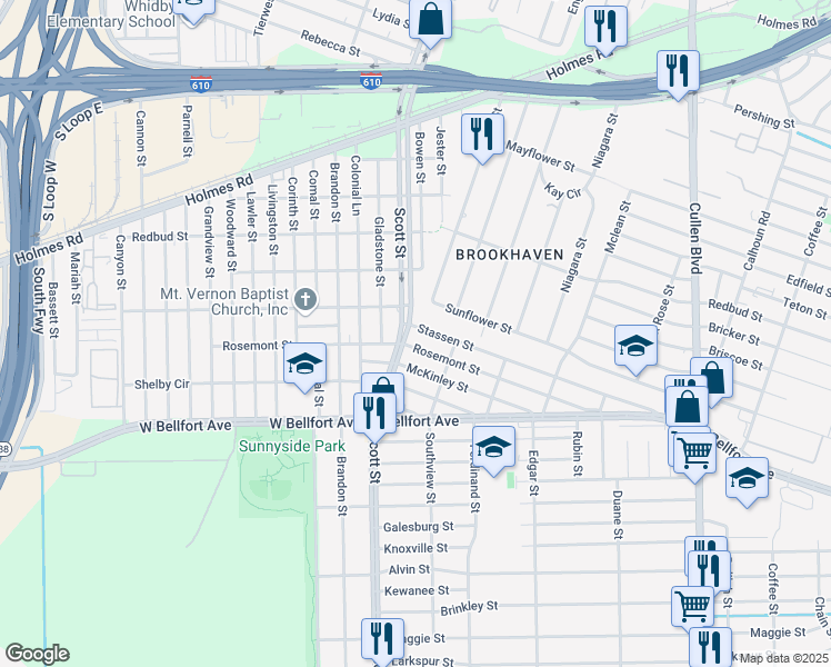 map of restaurants, bars, coffee shops, grocery stores, and more near 3916 Stassen Street in Houston