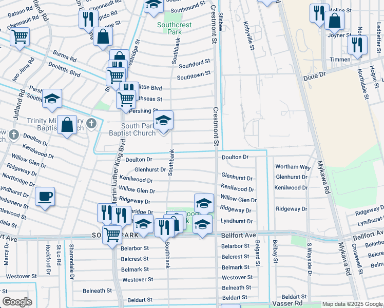 map of restaurants, bars, coffee shops, grocery stores, and more near 5926 Longmeadow Street in Houston