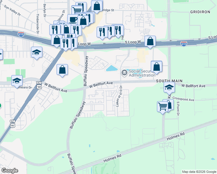 map of restaurants, bars, coffee shops, grocery stores, and more near 2701 West Bellfort Avenue in Houston