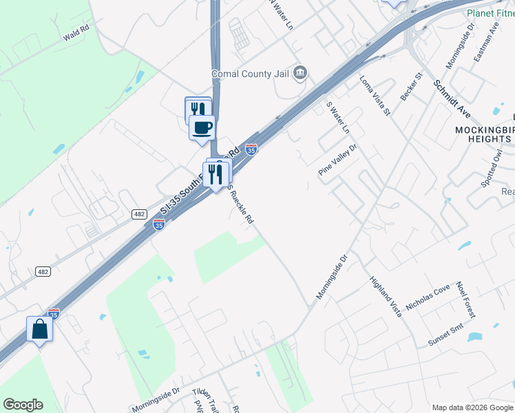 map of restaurants, bars, coffee shops, grocery stores, and more near 131 South Rueckle Road in New Braunfels