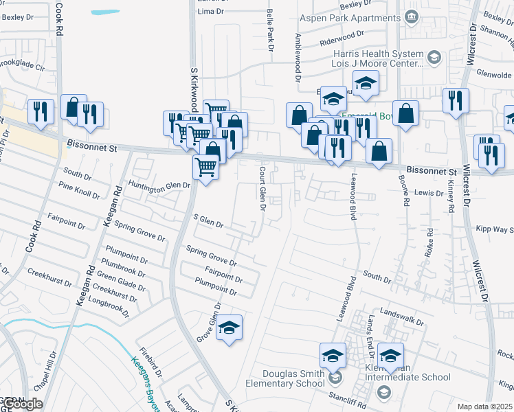 map of restaurants, bars, coffee shops, grocery stores, and more near 9700 Court Glen Drive in Houston