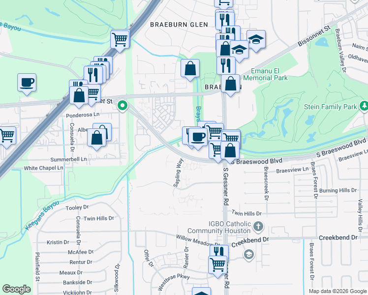 map of restaurants, bars, coffee shops, grocery stores, and more near 8800 South Braeswood Boulevard in Houston
