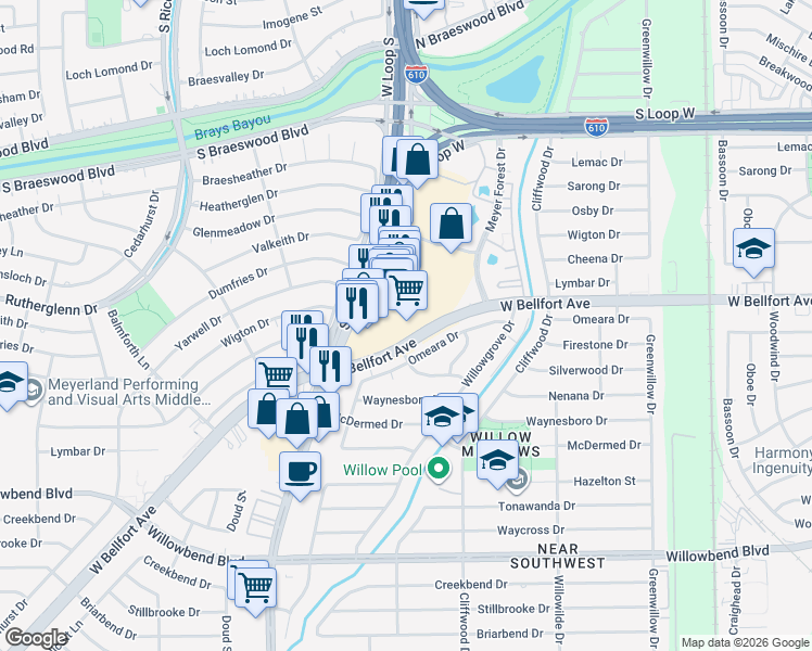 map of restaurants, bars, coffee shops, grocery stores, and more near 4800 West Bellfort Avenue in Houston