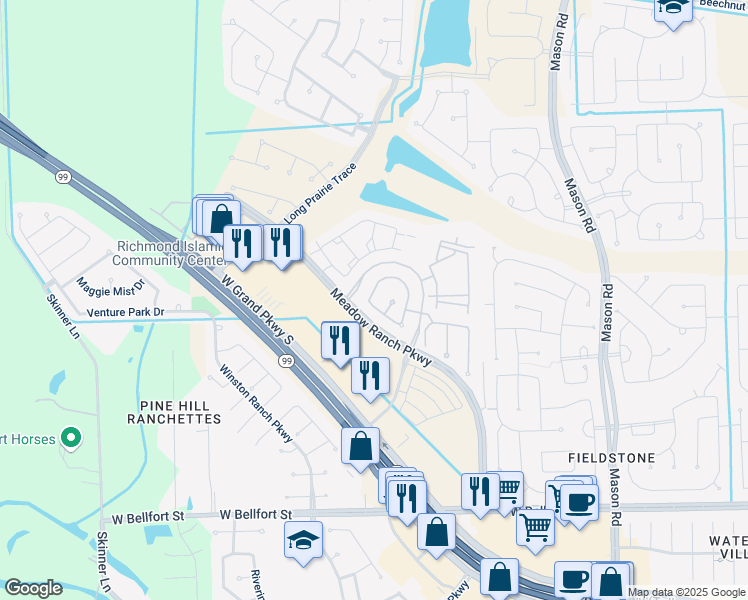 map of restaurants, bars, coffee shops, grocery stores, and more near 5635 Pleasant Falls Drive in Richmond