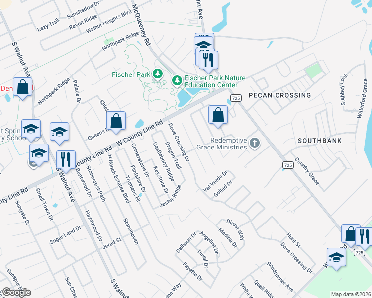 map of restaurants, bars, coffee shops, grocery stores, and more near 2045 Dove Crossing Drive in New Braunfels