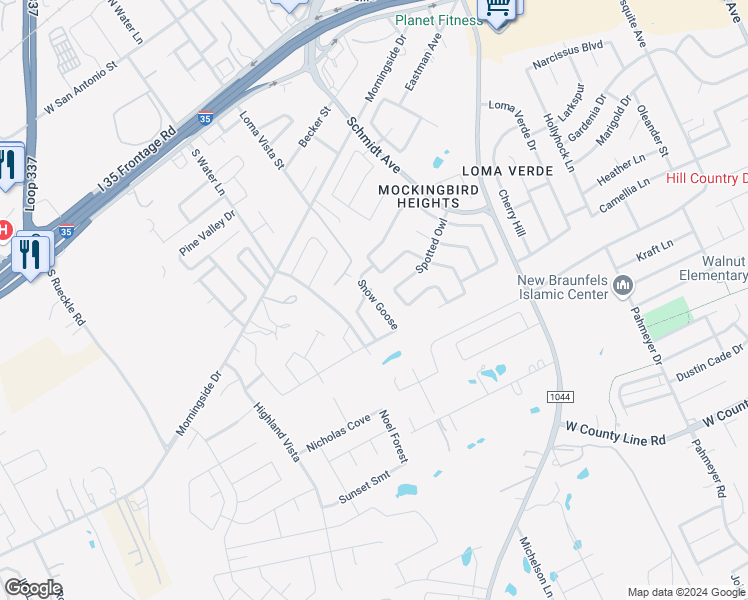 map of restaurants, bars, coffee shops, grocery stores, and more near Snow Goose in New Braunfels