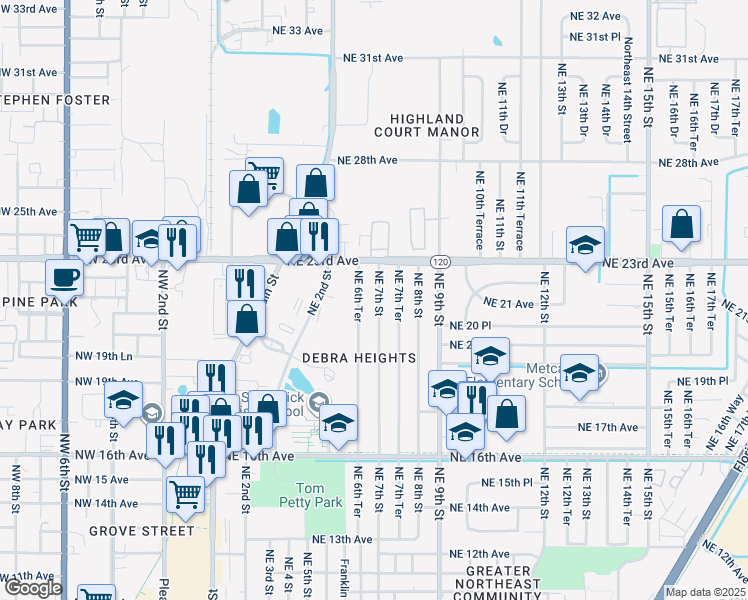 map of restaurants, bars, coffee shops, grocery stores, and more near 2201 Northeast 7th Street in Gainesville