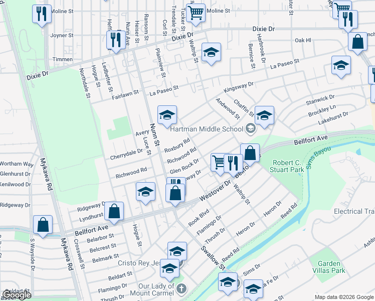 map of restaurants, bars, coffee shops, grocery stores, and more near 6802 Roxbury Road in Houston