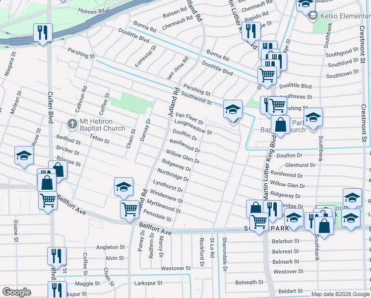 map of restaurants, bars, coffee shops, grocery stores, and more near 5125 Kenilwood Drive in Houston