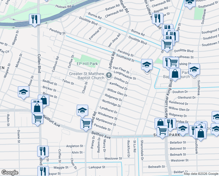 map of restaurants, bars, coffee shops, grocery stores, and more near 7718 Jutland Road in Houston