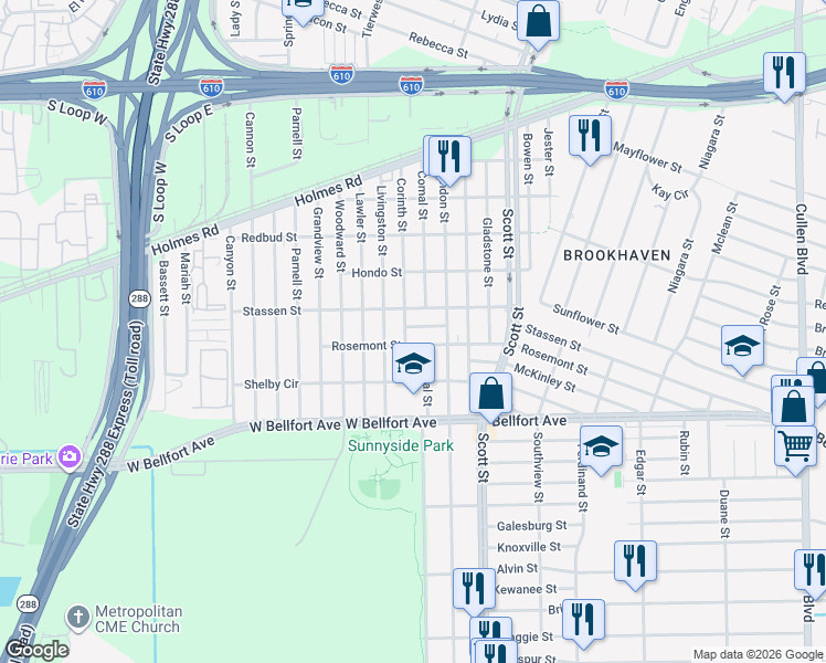 map of restaurants, bars, coffee shops, grocery stores, and more near 8202 Corinth Street in Houston