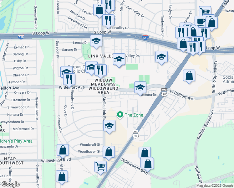 map of restaurants, bars, coffee shops, grocery stores, and more near 9825 Stella Link Road in Houston