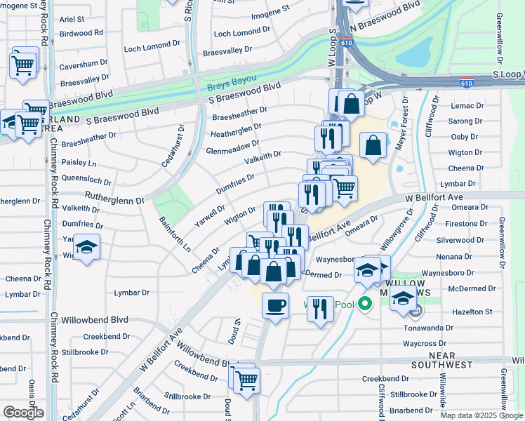 map of restaurants, bars, coffee shops, grocery stores, and more near 4922 Wigton Drive in Houston