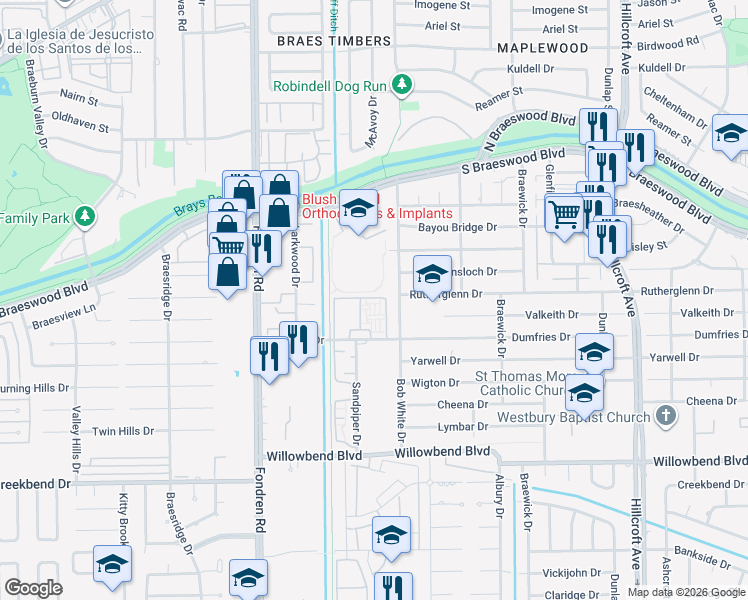 map of restaurants, bars, coffee shops, grocery stores, and more near 9818 Bob White Drive in Houston
